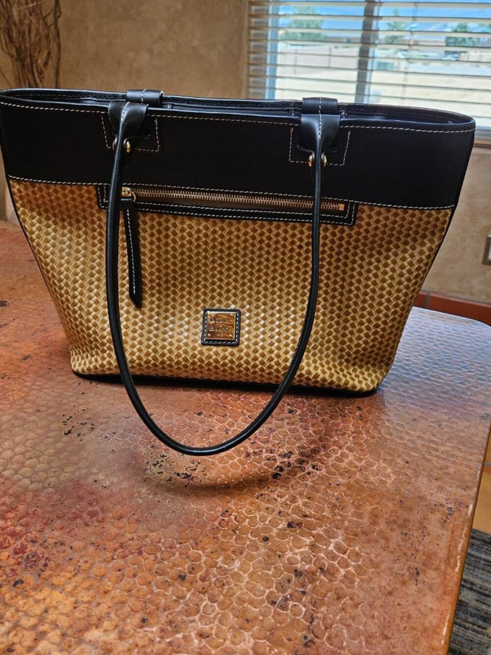 Dooney & Bourke Woven Tan Tote with Black Leather Trim